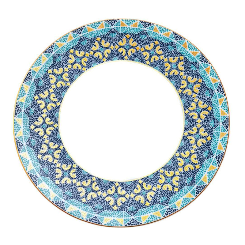 Decorative plate with blue and yellow pattern on a white background