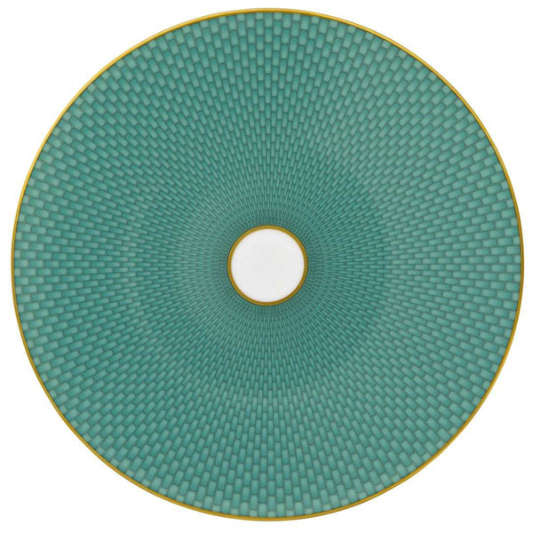 Raynaud Trésor turquoise porcelain dessert plate with gold-accented honeycomb design