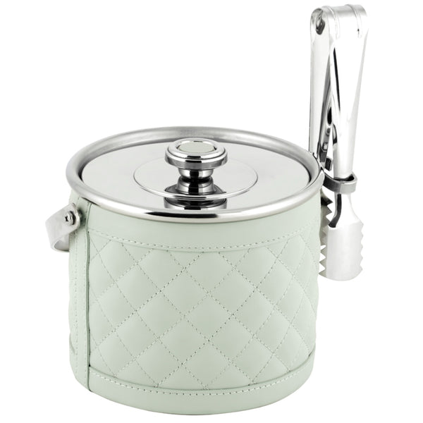 A quilted diamonds patterned stainless steel ice bucket with padded smooth leather, featuring a silver lid and tongs, in a Celadon Green color.