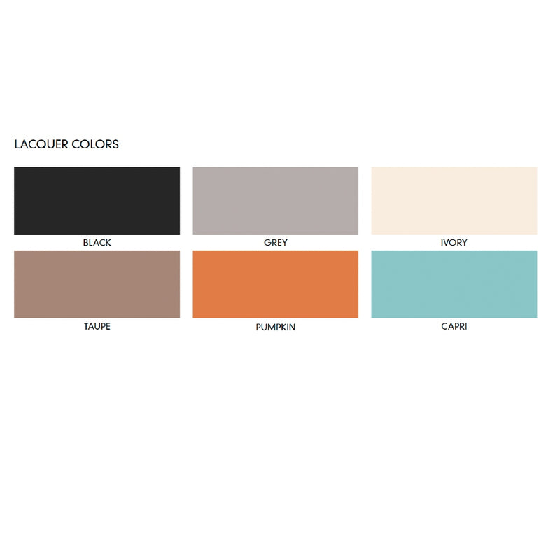 Diana lacquer Color swatches from Rivierelabeled as Black, Grey, Ivory, Taupe, Pumpkin, and Capri on a white background.