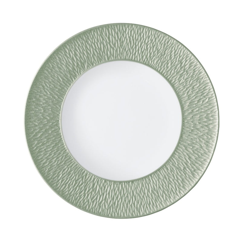 Raynaud Minéral Irisé Céladon porcelain dinner plate 27cm with celadon iridescent glaze and engraved rim