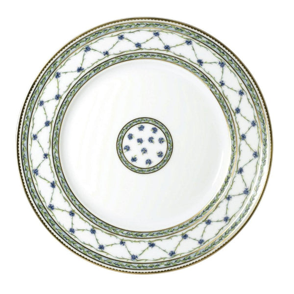 Allée du Roy dinner plate by Raynaud in Limoges porcelain, decorated with trellis, laurel crowns, cornflowers, and gold fillets.