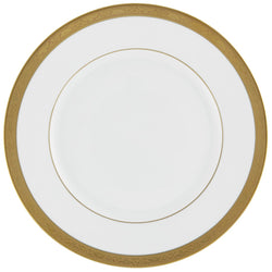 A white porcelain dinner plate with a gold Renaissance style border.