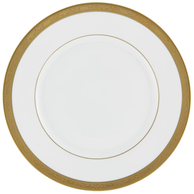 A white porcelain dinner plate with a gold Renaissance style border.