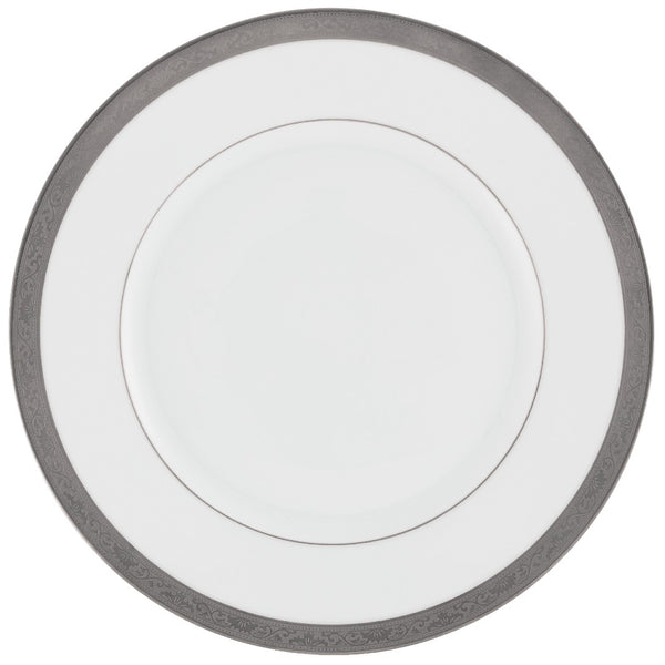 Ambassador Platine porcelain dinner plate by Raynaud with platinum rim and Renaissance-inspired design

