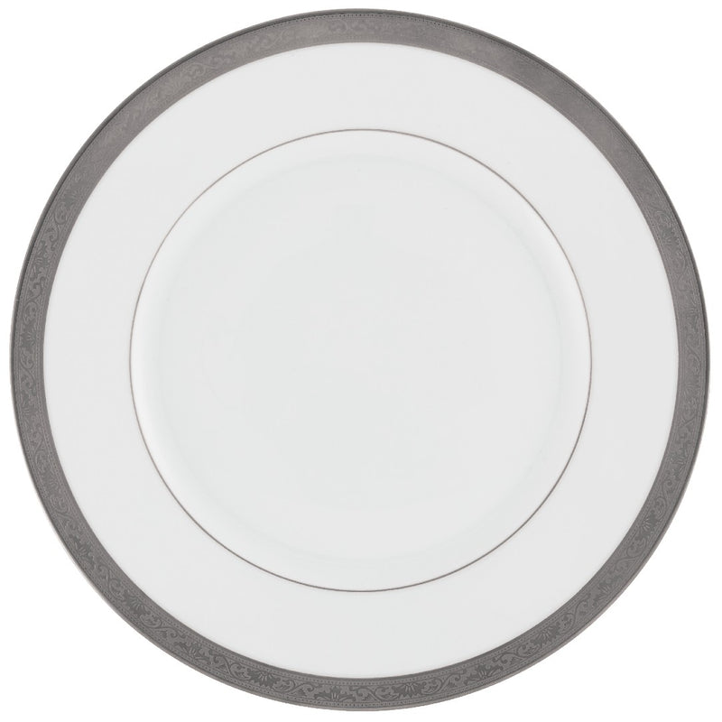 Ambassador Platine porcelain dinner plate by Raynaud with platinum rim and Renaissance-inspired design

