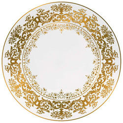 Chelsea Gold Fond Blanc dinner plate by Raynaud, Limoges porcelain with gold Victorian floral motifs on white, inspired by Gothic tapestries.
