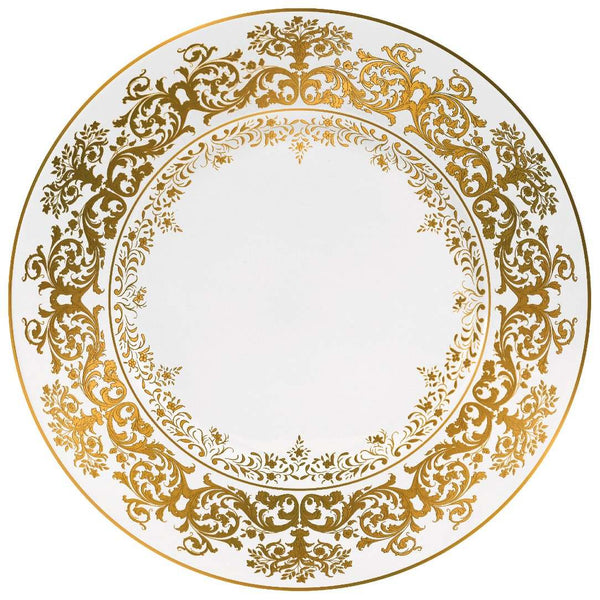 Chelsea Gold Fond Blanc dinner plate by Raynaud, Limoges porcelain with gold Victorian floral motifs on white, inspired by Gothic tapestries.