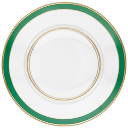 White plate with green and gold rim on a white background