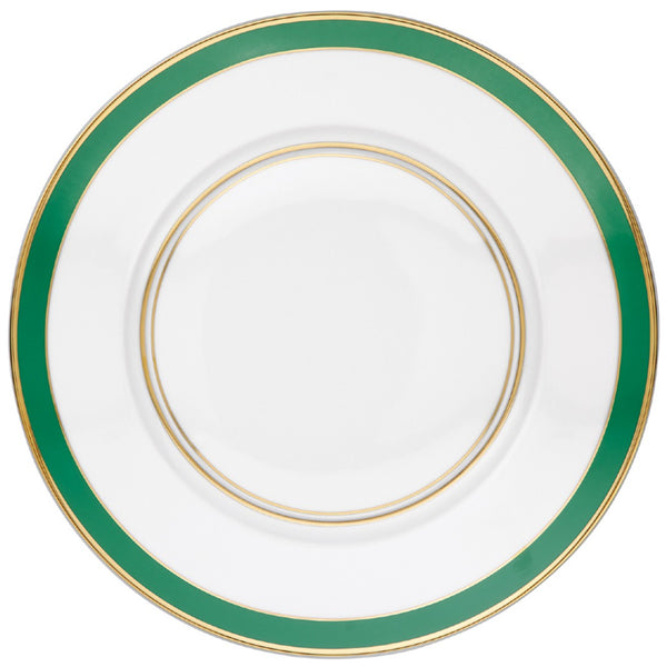 White plate with green and gold rim on a white background