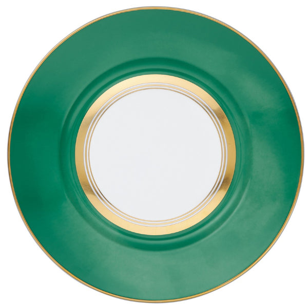 Raynaud Cristobal Emerald Dinner Plate Flat Rim No.2 in Limoges porcelain with emerald green rim and gold detailing.
