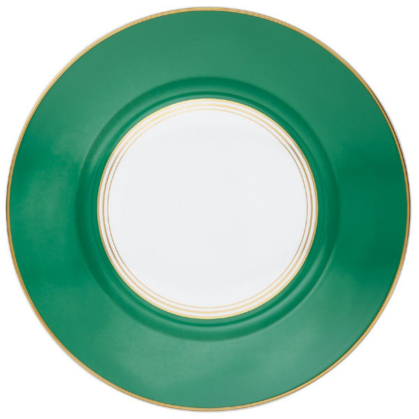 Raynaud Cristobal Emerald Dinner Plate Flat Rim No.3 in Limoges porcelain with emerald green rim and gold detailing.