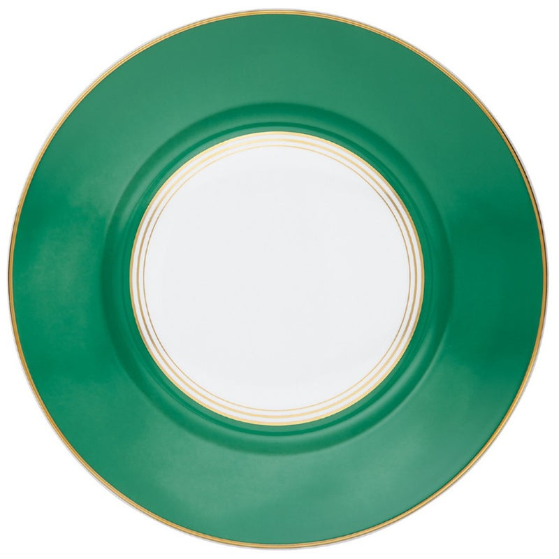 Raynaud Cristobal Emerald Dinner Plate Flat Rim No.3 in Limoges porcelain with emerald green rim and gold detailing.