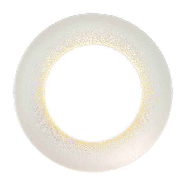 Souffle d’Or dinner plate in gold by Haviland, handmade Limoges porcelain inspired by a supernova with grey hues and matte gold accents.