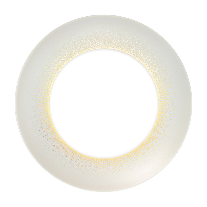 Souffle d’Or dinner plate in gold by Haviland, handmade Limoges porcelain inspired by a supernova with grey hues and matte gold accents.