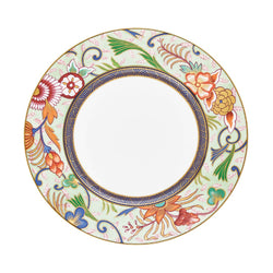 Imari dinner plate in fine Limoges porcelain with cobalt blue border, iron red accents, and floral watercolor design