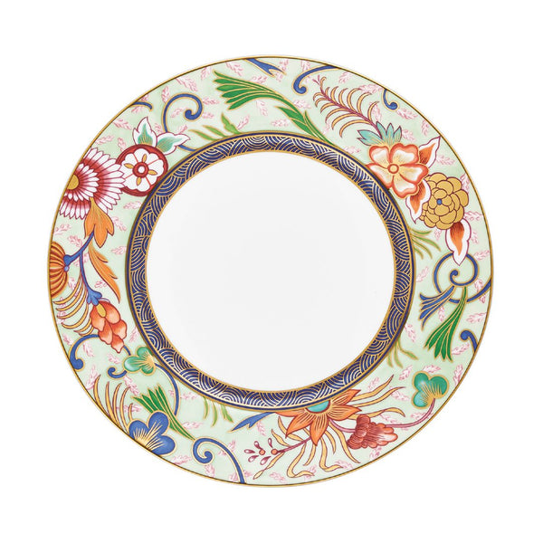 Imari dinner plate in fine Limoges porcelain with cobalt blue border, iron red accents, and floral watercolor design