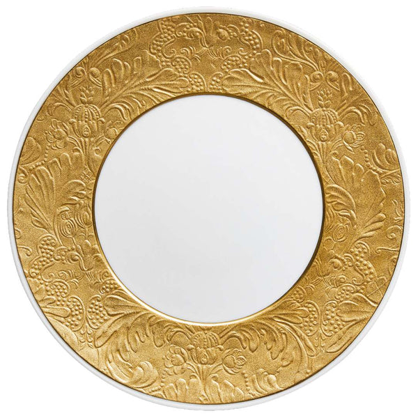 Raynaud Italian Renaissance Gold Limoges porcelain dinner plate with embossed arabesques and gold finish.