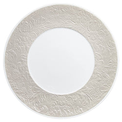 Italian Renaissance Irisé Pearl Grey dinner plate by Raynaud, Limoges porcelain with arabesques, pearl grey iridescence, and platinum accents.