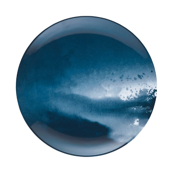 Raynaud Abysses dinner plate Macao shape in Limoges porcelain with indigo marine design on a white background