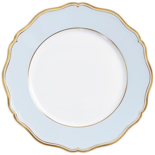 A round, blue grey porcelain dinner plate with gold accents and a scalloped edge.