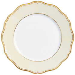 A round, white porcelain dinner plate Mazurka with gold accents on the rim and handle, displayed against a white background.