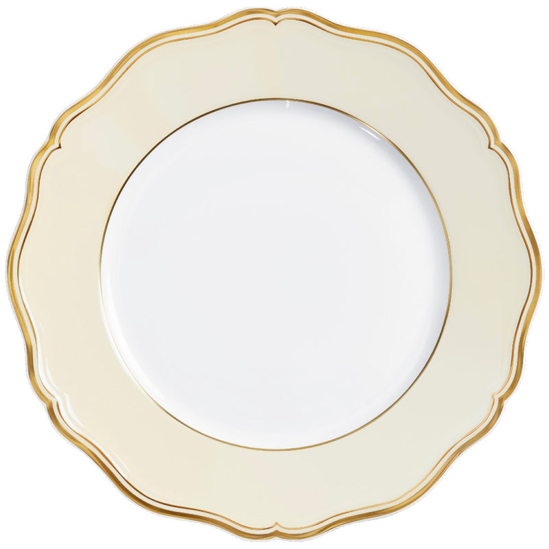 A round, white porcelain dinner plate Mazurka with gold accents on the rim and handle, displayed against a white background.
