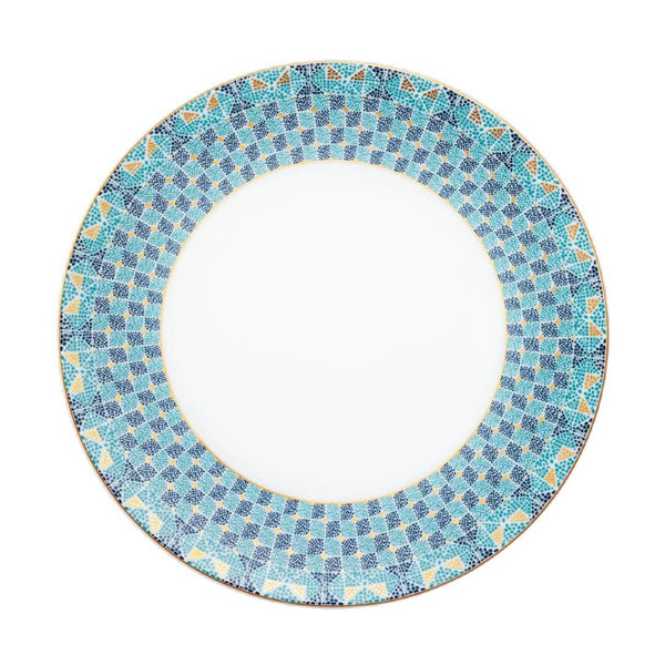 Round decorative plate with a blue and gold pattern on a white background