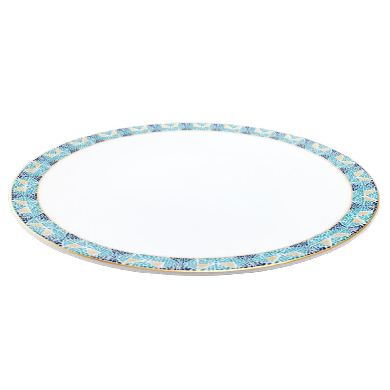 side view Dinner Plate No.2 Portofino by Haviland in Limoges porcelain with blue and gold Mediterranean mosaic pattern.