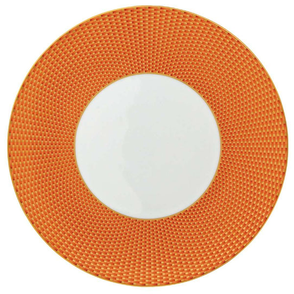 Raynaud Trésor Limoges porcelain orange dinner plate with gold-accented honeycomb design