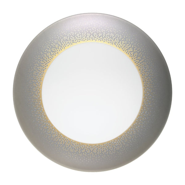 Souffle d’Or dinner plate in silver by Haviland, handmade Limoges porcelain inspired by a supernova with grey hues and shimmering silver accents.