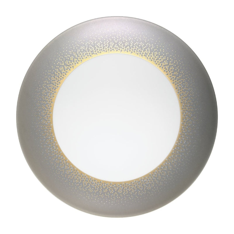 Souffle d’Or dinner plate in silver by Haviland, handmade Limoges porcelain inspired by a supernova with grey hues and shimmering silver accents.