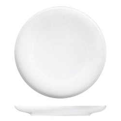 White ceramic plate with textured design on a white background
