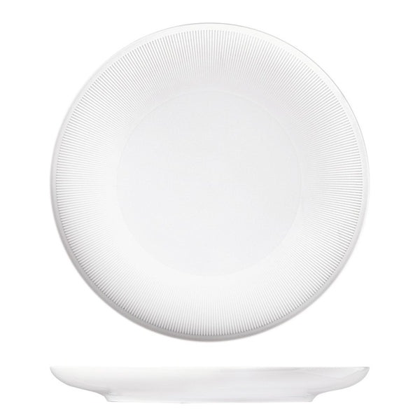 White ceramic plate with textured design on a white background