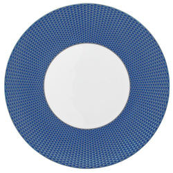 Raynaud Trésor Bleu Limoges porcelain dinner plate in cobalt blue with platinum honeycomb design