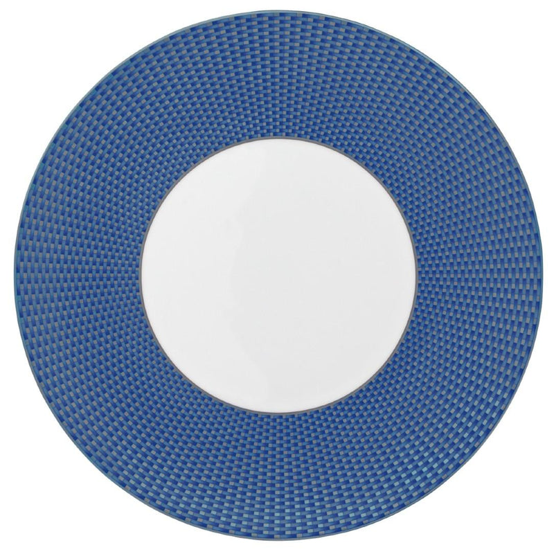 Raynaud Trésor Bleu Limoges porcelain dinner plate in cobalt blue with platinum honeycomb design