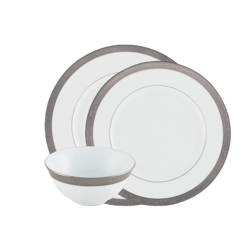 Ambassador Platine 12-piece porcelain dinnerware set by Raynaud with platinum rim and Renaissance-inspired detailing
