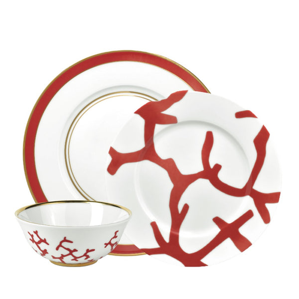 Luxury porcelain dinnerware set of 12 pieces Cristobal Rouge coral motif by Raynaud