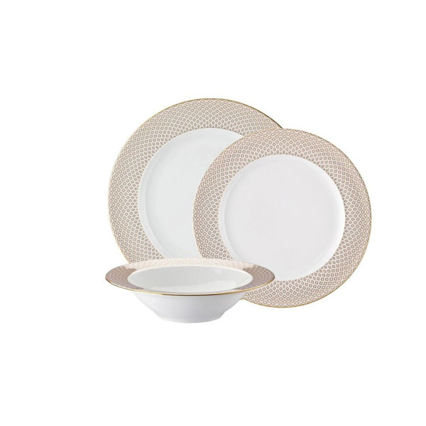 Francis Carreau Beige dinnerware set of 12 pieces in porcelain with beige and gold check pattern by Rosenthal