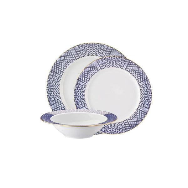 Francis Carreau Blue dinnerware set of 12 pieces in porcelain with royal blue and gold check pattern by Rosenthal