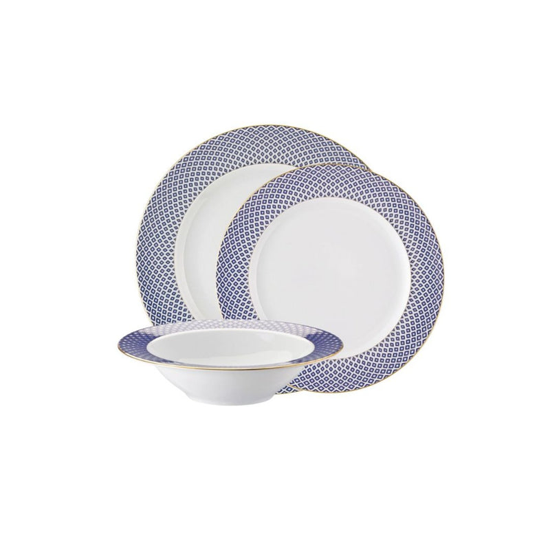 Francis Carreau Blue dinnerware set of 12 pieces in porcelain with royal blue and gold check pattern by Rosenthal