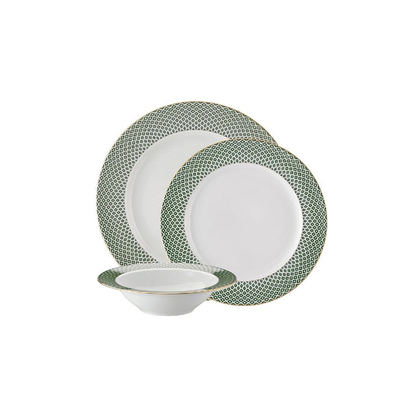 Francis Carreau Green 12-piece porcelain dinnerware set with green and gold check design by Rosenthal
