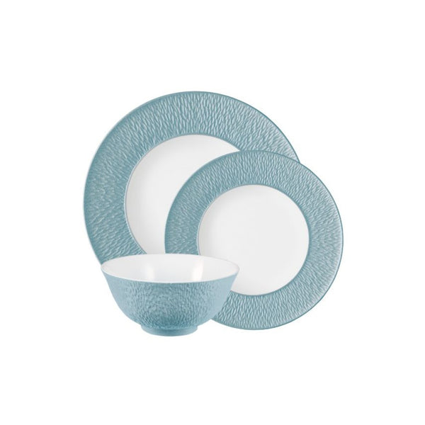 Raynaud Minéral Irisé Sky Blue 12-piece Limoges porcelain dinnerware set with iridescent glaze and natural relief