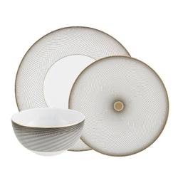 Dinnerware set of 12 pieces in Limoges porcelain with black and gold Bauhaus-inspired motifs from the Oskar collection by Raynaud.