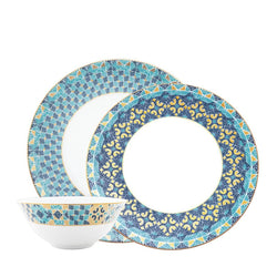 Dinnerware Set of 12 Pieces Portofino by Haviland in Limoges porcelain with golden and blue Mediterranean mosaic-inspired design.