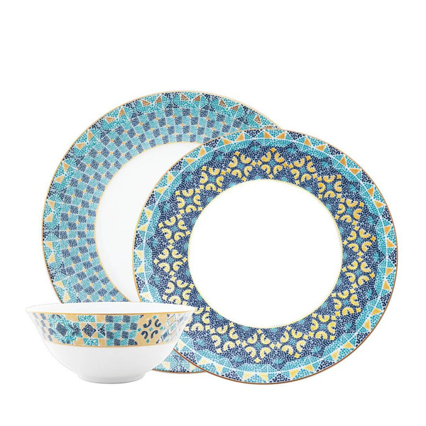 Dinnerware Set of 12 Pieces Portofino by Haviland in Limoges porcelain with golden and blue Mediterranean mosaic-inspired design.