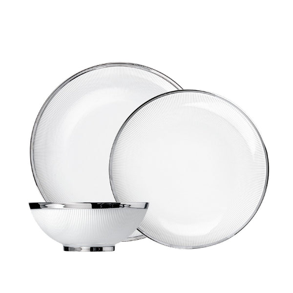 Stella Platinum 12-piece porcelain dinnerware set by SIEGER by FÜRSTENBERG, handcrafted in Germany with elegant platinum detailing.