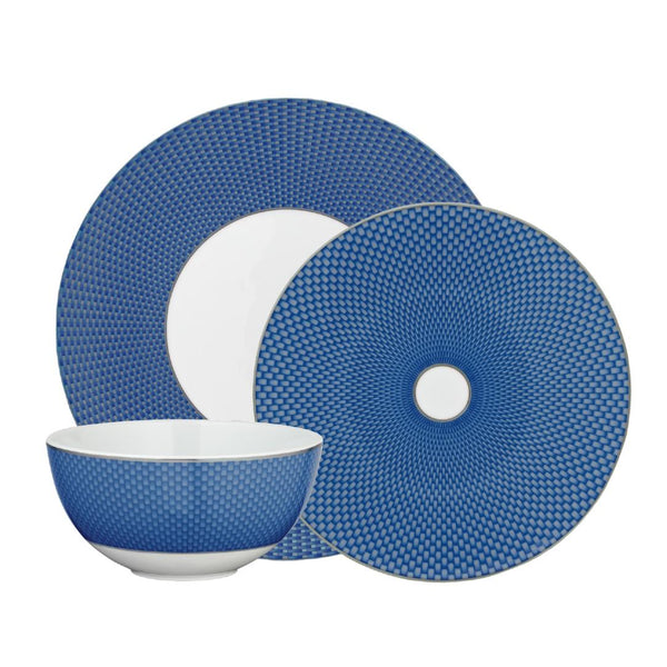 Raynaud Trésor Bleu Limoges porcelain 12-piece dinnerware set in platinum and deep blue with sari-inspired patterns