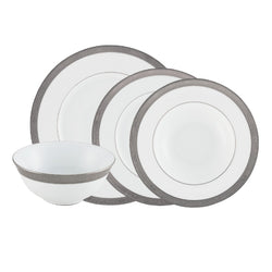 Ambassador Platine 16-piece porcelain dinnerware set by Raynaud with platinum rim and elegant Renaissance border