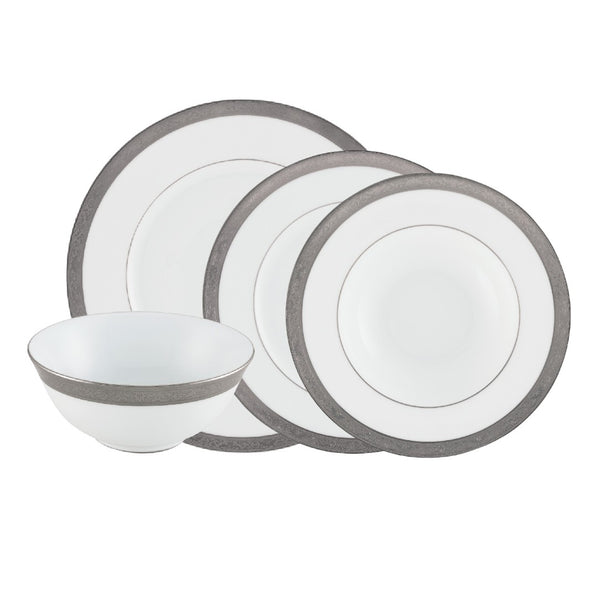 Ambassador Platine 16-piece porcelain dinnerware set by Raynaud with platinum rim and elegant Renaissance border